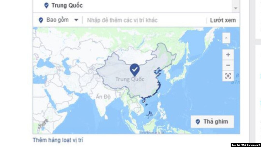 Bản đồ Facebook xác định chủ quyền hai quần đảo Trường Sa, Hoàng Sa thuộc Trung Quốc. (Ảnh chụp màn hình từ trang Tuổi Trẻ)